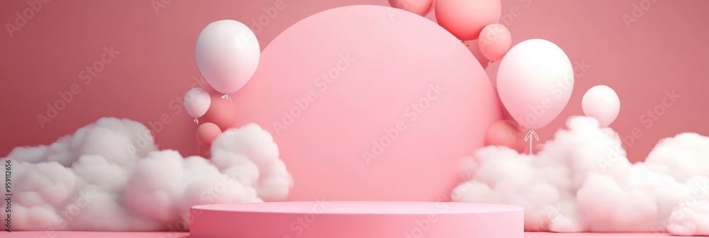 A whimsical 3D mockup featuring a pink pastel podium surrounded by fluffy clouds and delicate pastel balloons, symbolizing a dreamy, lighthearted, and playful atmosphere. A whimsical 3D mockup featuring a pink pastel podium surrounded by fluffy clouds and delicate pastel balloons, symbolizing a dreamy, lighthearted, and playful atmosphere.