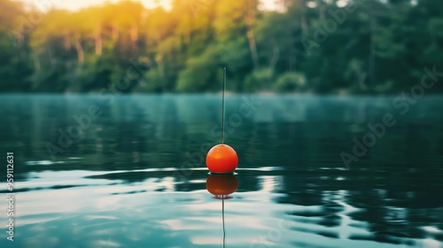 Bright Orange Fishing Float Ball on the Water Surface Surrounded by Blurred Trees and Sunlight Shining Through the Leaves photo