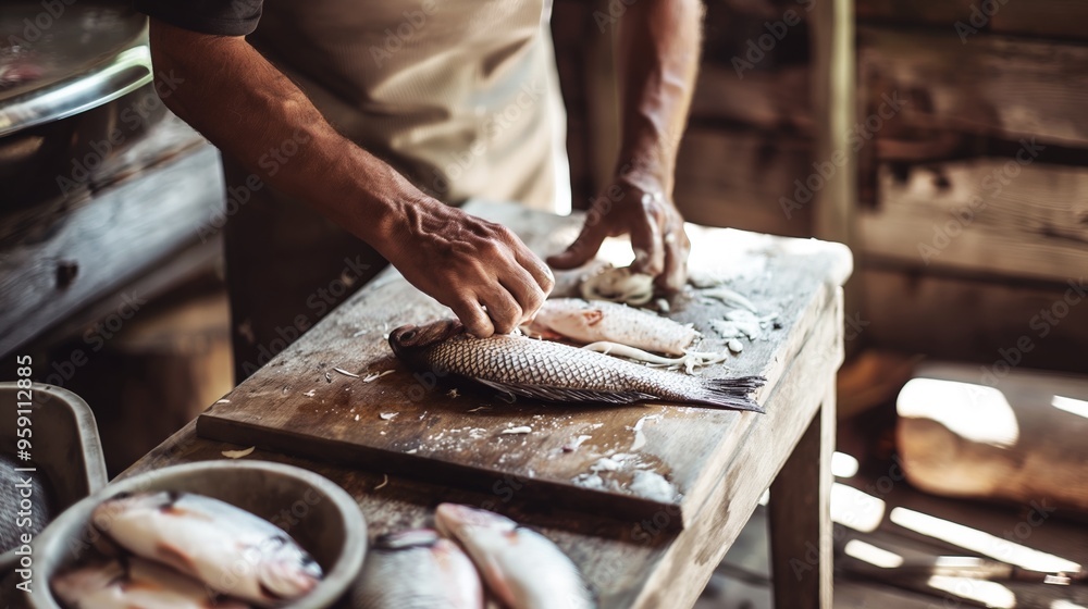 Expert Chef Skillfully Prepares Fresh Tilapia Fish on Wooden Table, Removing Scales and Entrails for Healthy Cooking Expert Chef Skillfully Prepares Fresh Tilapia Fish on Wooden Table, Removing Scales and Entrails for Healthy Cooking