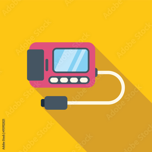 Modern device for listening to baby's heartbeat inside pregnant woman's belly lying on yellow background