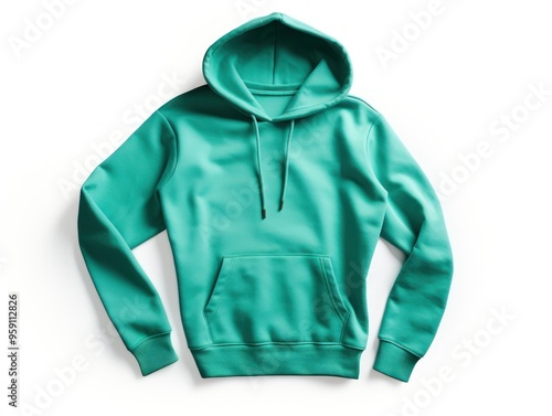 Turquoise hoodie isolated on white background, flat lay