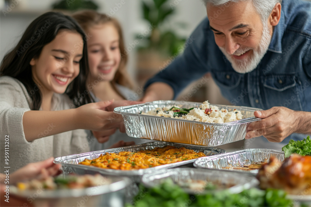 A happy small family gathering at dinner where disposable aluminum food containers are used for serving various dishes. The scene highlights convenience and warmth, with the family enjoying a meal tog A happy small family gathering at dinner where disposable aluminum food containers are used for serving various dishes. The scene highlights convenience and warmth, with the family enjoying a meal tog