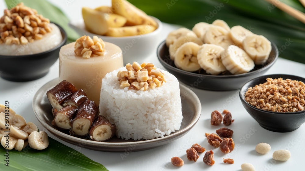 A high-resolution image of Thai desserts including khao tom mad (sticky rice with banana) and tub tim krob (water chestnut dessert) on a white surface A high-resolution image of Thai desserts including khao tom mad (sticky rice with banana) and tub tim krob (water chestnut dessert) on a white surface