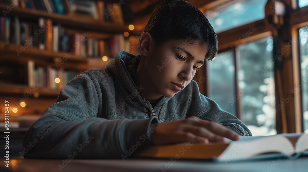Thoughtful teenage boy in gray hoodie deeply engaged in reading a book at a cozy home library with fairy lights Thoughtful teenage boy in gray hoodie deeply engaged in reading a book at a cozy home library with fairy lights