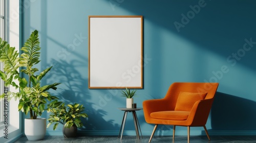 This stylish living room features a vibrant orange couch and lush green plants, adding color and life. An empty frame on the teal wall invites creativity, enhancing the ambiance and appeal