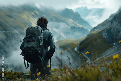 Portrait of a photographer inspired by nature, exploring the landscape with his camera in search of the perfect image that captures the beauty of the world. 