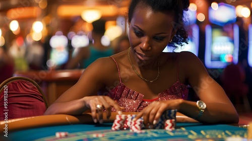 A woman in casino is engrossed in card play