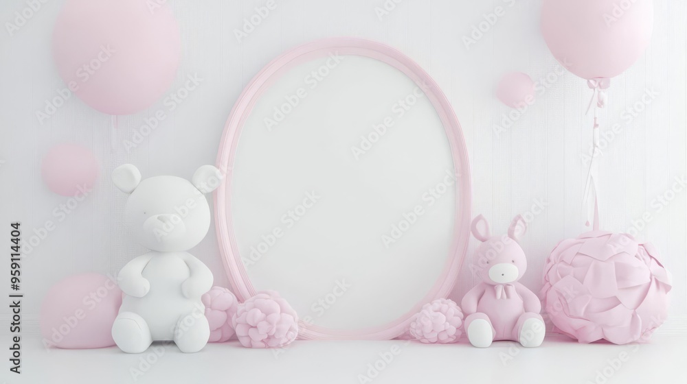 Cute pink and white baby-themed background with teddy bear, bunny plush toys, and balloons, ideal for baby shower decoration or photo frames. Cute pink and white baby-themed background with teddy bear, bunny plush toys, and balloons, ideal for baby shower decoration or photo frames.