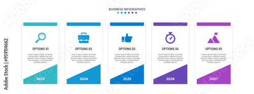 Horizontal progress bar featuring 5 arrow-shaped elements, symbolizing the five stages of business strategy and progression. Clean timeline infographic design template. Vector for presentation