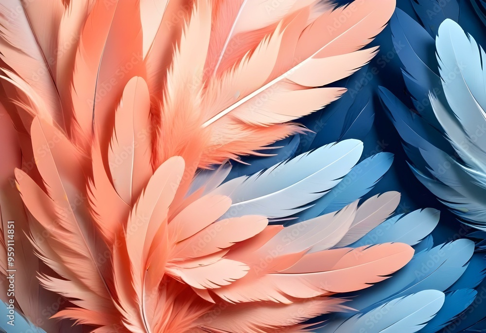 Vibrant feathers in shades of coral, peach, and blue, creating a soft, abstract pattern Vibrant feathers in shades of coral, peach, and blue, creating a soft, abstract pattern