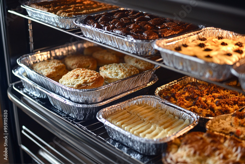 A scene of disposable aluminum food container trays filled with cakes, brownies, bread, lasagna, and casseroles, placed in an oven. The trays are oven-safe, designed to handle high temperatures.
