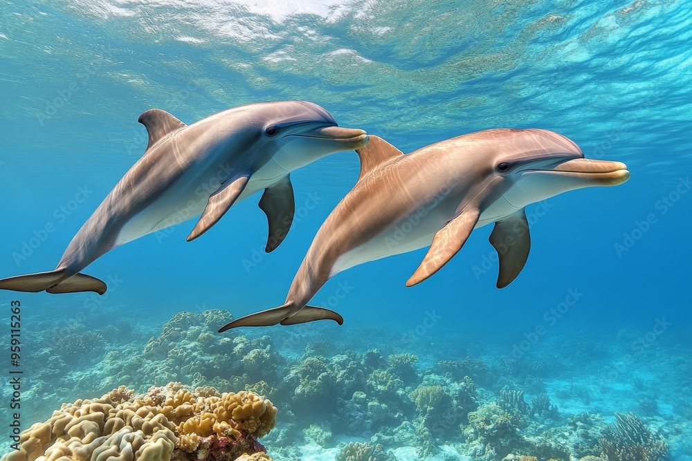 Two dolphins swim gracefully through a vibrant coral reef, their sleek bodies reflecting the sunlight filtering through the clear turquoise water. The image symbolizes freedom, beauty, and the wonder Two dolphins swim gracefully through a vibrant coral reef, their sleek bodies reflecting the sunlight filtering through the clear turquoise water. The image symbolizes freedom, beauty, and the wonder