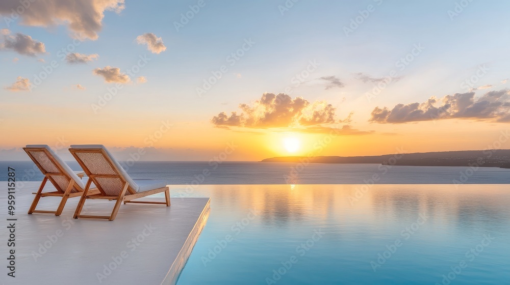 Fototapeta premium Two lounge chairs overlooking an infinity pool, capturing the breathtaking beauty of a golden sunset over the ocean. This image evokes a sense of tranquility, relaxation, and luxurious escape.