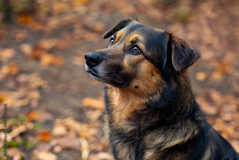 A brown and black dog sitting on the ground in the woods A brown and black dog sitting on the ground in the woods