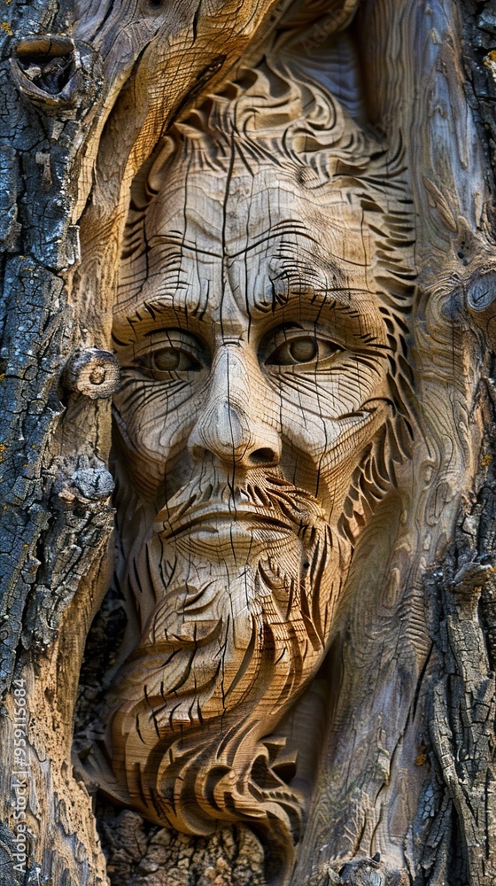 Detailed Wood Carving of a Face in a Tree Trunk Detailed Wood Carving of a Face in a Tree Trunk
