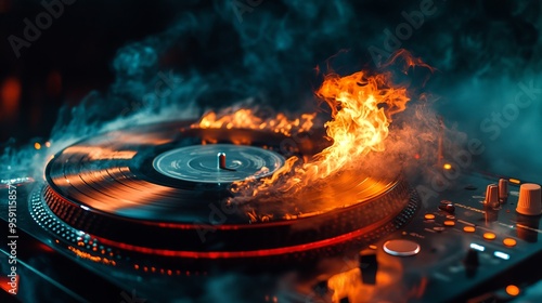 Music DJ concept featuring a trail of fire and smoke swirling around a vinyl record. The vinyl disk appears to be burning as it spins on a turntable, set against a dark background
