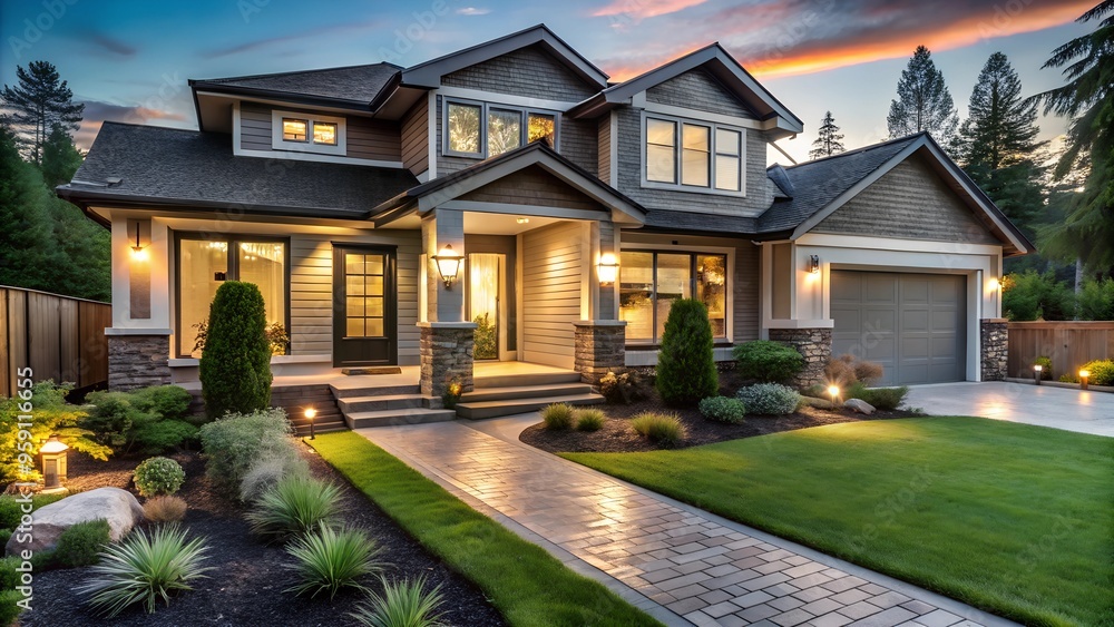 Luxury Home Exterior at Dusk - Perfect for Real Estate Listings Luxury Home Exterior at Dusk - Perfect for Real Estate Listings