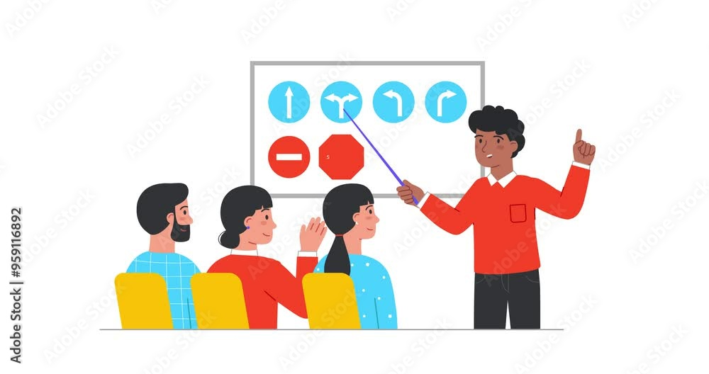 Driver Instructor Animation Education process in driving school. Moving banner with teacher ...