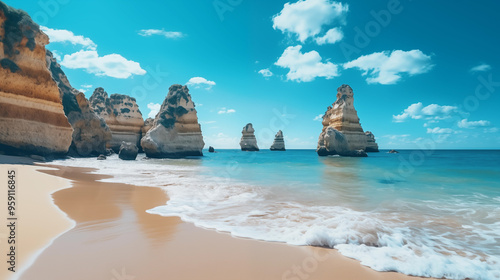 The serene coastline features soft waves and rocky formations, with a clear blue sky setting the mood.