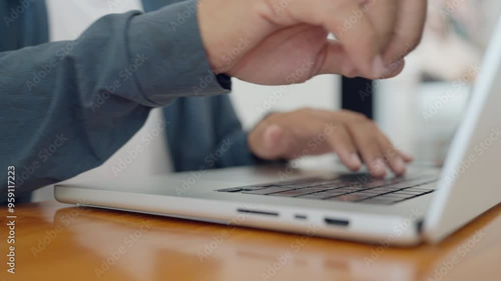 A person is typing on a laptop computer. The laptop is on a wooden table. The person is wearing a blue shirt A person is typing on a laptop computer. The laptop is on a wooden table. The person is wearing a blue shirt