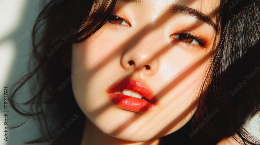 A woman with red lips and a black shirt posing in front of the window, AI A woman with red lips and a black shirt posing in front of the window, AI