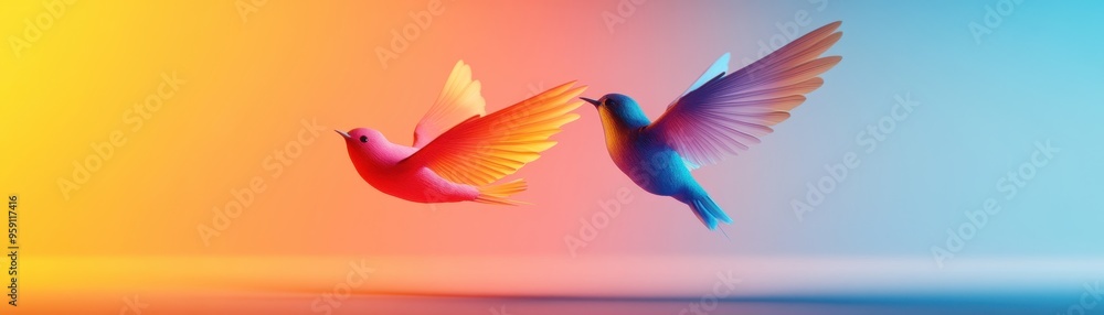 Fototapeta premium Two colorful birds fluttering in a vibrant gradient background, representing beauty and freedom in nature.