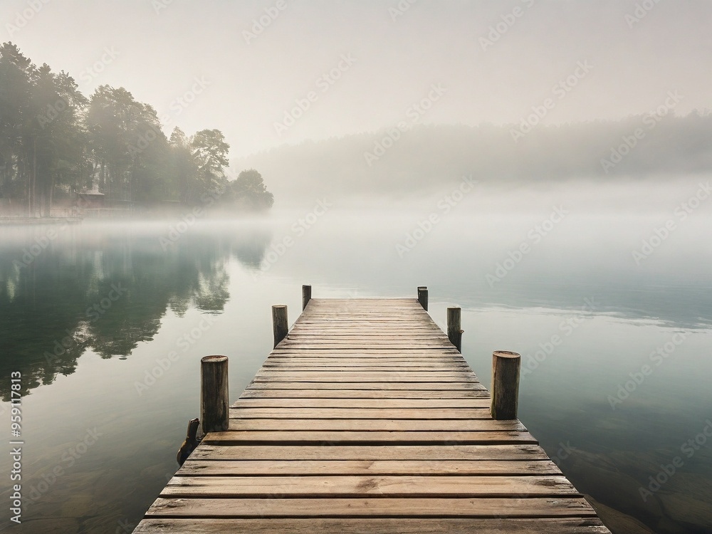 Fototapeta premium Foggy lake. The calm water and misty atmosphere create a tranquil and picturesque scene, emphasizing the natural beauty and peacefulness of the lakeside landscape during the morning.