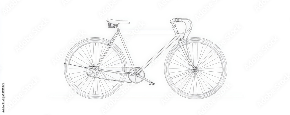 A simple white line drawing of a bicycle with its wheels, frame, and handlebars outlined in clean, minimalist lines. The drawing captures the essence of the bike with simplicity and style. A simple white line drawing of a bicycle with its wheels, frame, and handlebars outlined in clean, minimalist lines. The drawing captures the essence of the bike with simplicity and style.
