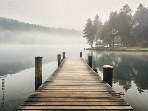 Wallpaper Mural A serene photograph capturing a rustic wooden dock extending into a foggy lake.  Torontodigital.ca