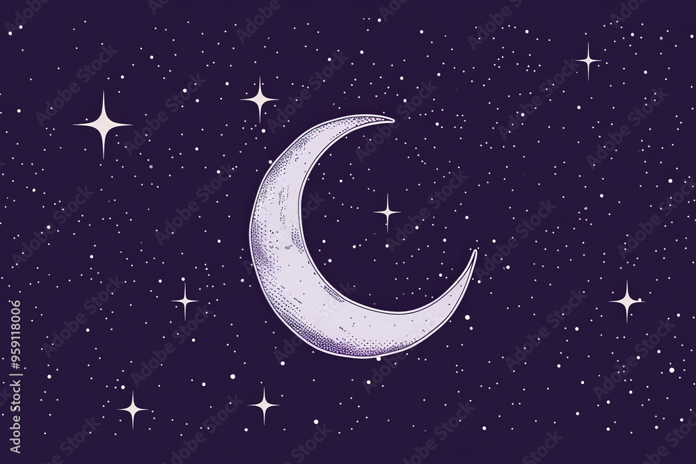 Naklejka premium A simple white line drawing on a violet background of a crescent moon surrounded by stars. The deep color enhances the mystique and serenity of the night sky.