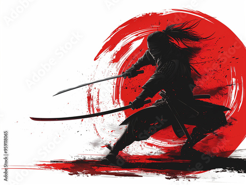 ninja silhouette with katana sword in fighting pose, red circle brush stroke background. white background. right space for text caption