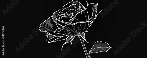A simple white line drawing on a black background of a single rose with intricate petals. The stark contrast enhances the gracefulness of the flower.