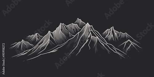 A simple white line drawing on a black background of a mountain range with sharp peaks. The minimalist lines highlight the majesty of the mountains against the dark backdrop.