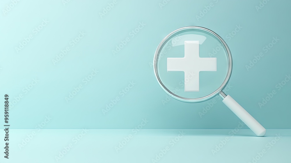 3D render of a white plus sign inside a magnifier, with copy space to emphasize a positive outlook and healthcare values. 3D render of a white plus sign inside a magnifier, with copy space to emphasize a positive outlook and healthcare values.