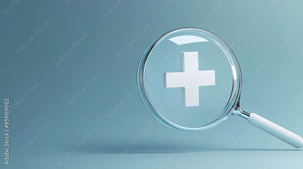 Obraz premium 3D rendered magnifier glass focusing on a white plus sign, with generous copy space for promoting positive mindset and healthcare concepts.