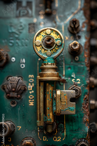 A key is sitting on a green surface with a rusted and dirty appearance