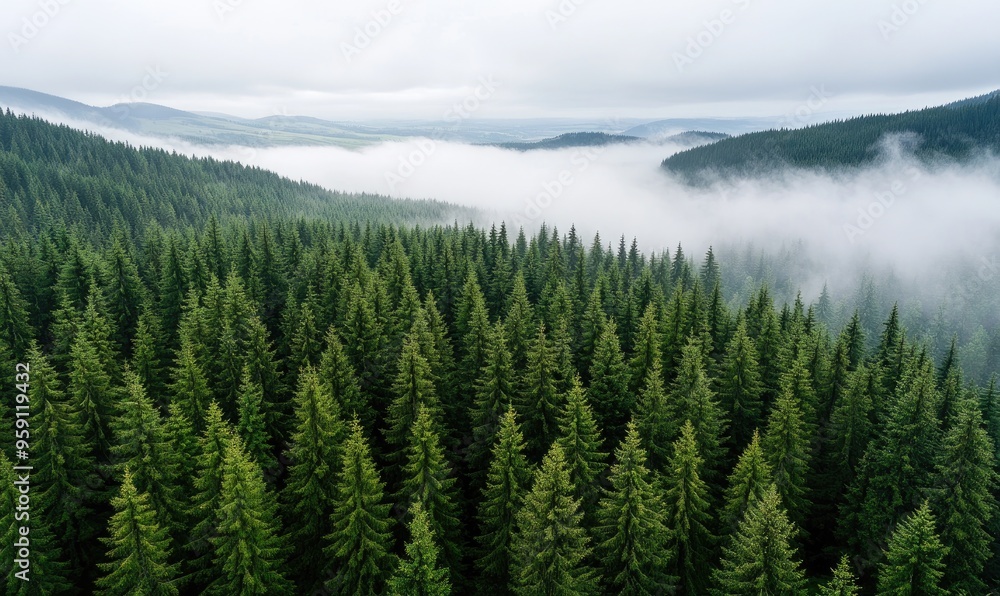 Fototapeta premium Foggy Green Pines: Lush Pine Trees in a Misty Forest