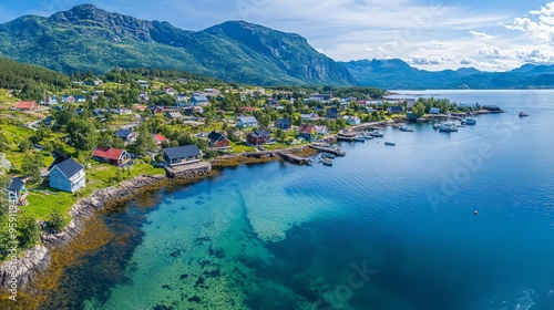 Beautiful Norwegian fishing village with breathtaking panoramic view from above photo