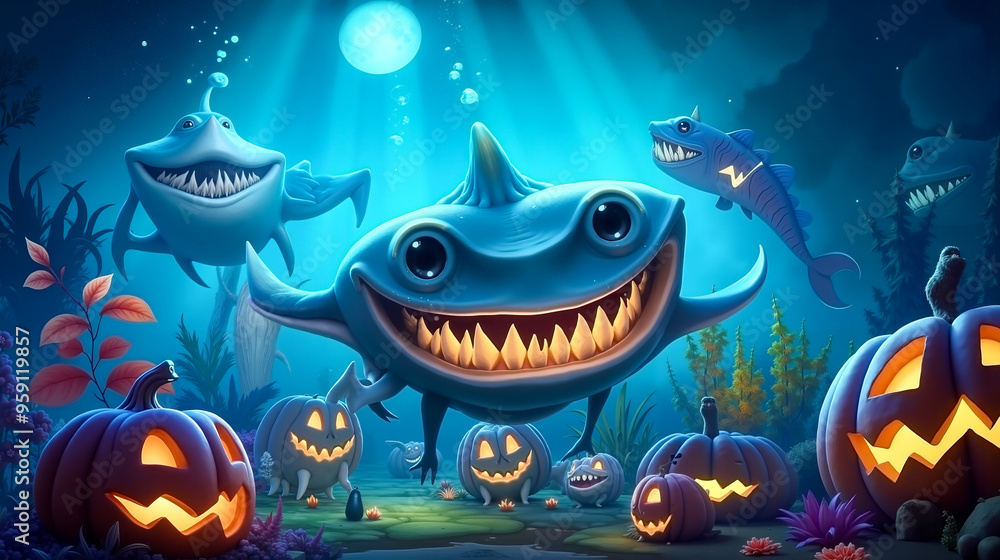 Fototapeta premium A group of sharks and pumpkins in the ocean with a full moon in the background