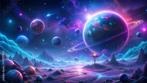 Vibrant alien planet landscape with colorful rings and cosmic elements in a celestial scene