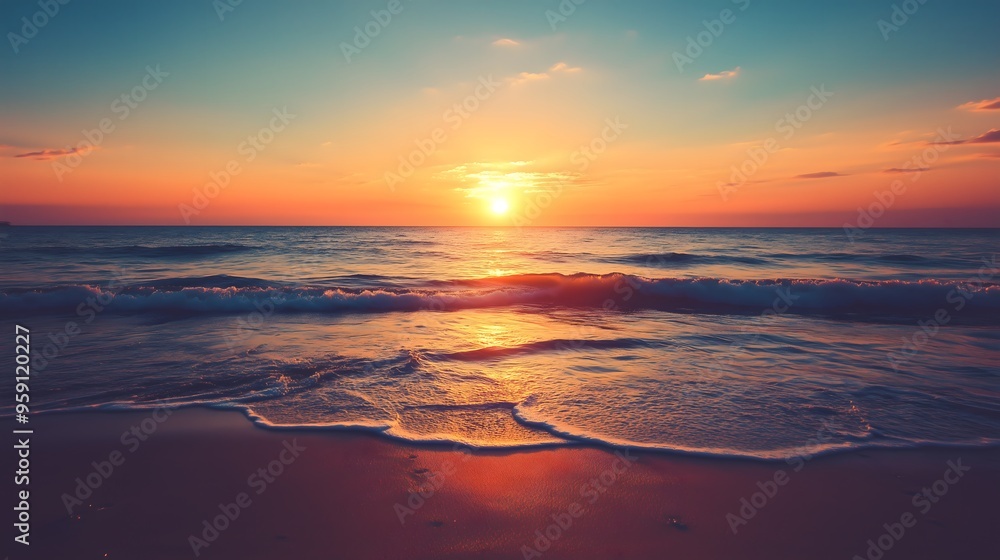 Vibrant orange and blue sunset over calm ocean waves lapping on sandy beach, copy space Vibrant orange and blue sunset over calm ocean waves lapping on sandy beach, copy space