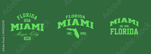 Set t-shirt stamps graphic, Florida logo travel wear typography emblem Miami vintage tee print, sport apparel design shirt graphic print