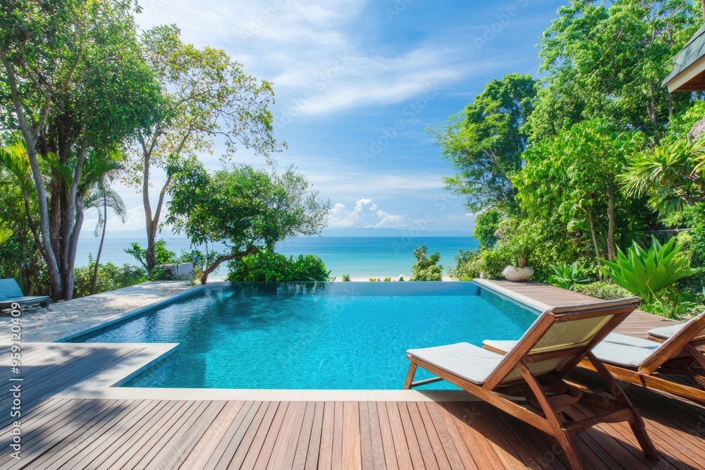 Swimming Pool Decks. Luxury Home Exterior with Blue Deck and Beach Chairs in Garden Swimming Pool Decks. Luxury Home Exterior with Blue Deck and Beach Chairs in Garden