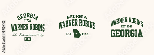 Set t-shirt stamps graphic, Georgia logo travel wear typography emblem Warner Robins vintage tee print, sport apparel design shirt graphic print
