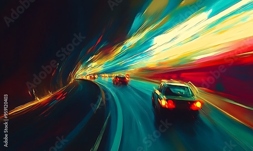 Abstract Painting of Cars on a Night Road