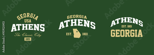 Set t-shirt stamps graphic, Georgia logo travel wear typography emblem Athens vintage tee print, sport apparel design shirt graphic print