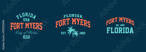 Set t-shirt stamps graphic, Florida logo travel wear typography emblem Fort Myers vintage tee print, sport apparel design shirt graphic print