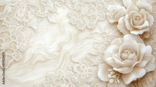   A close-up of a wall adorned with flowers at the top and lace decorating its base