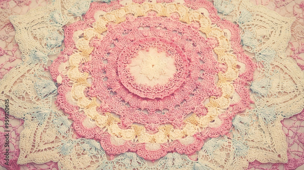 A detailed image of a crocheted doily on a pastel-colored tablecloth featuring a circular pattern A detailed image of a crocheted doily on a pastel-colored tablecloth featuring a circular pattern