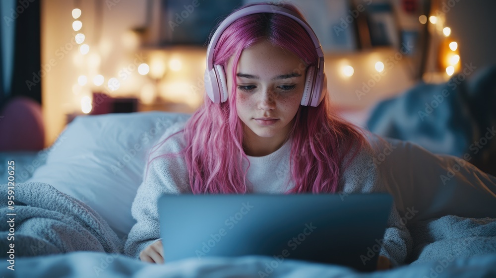 Teenager Online Class. Hipster Girl Learning with Video Call on Computer at Home Teenager Online Class. Hipster Girl Learning with Video Call on Computer at Home